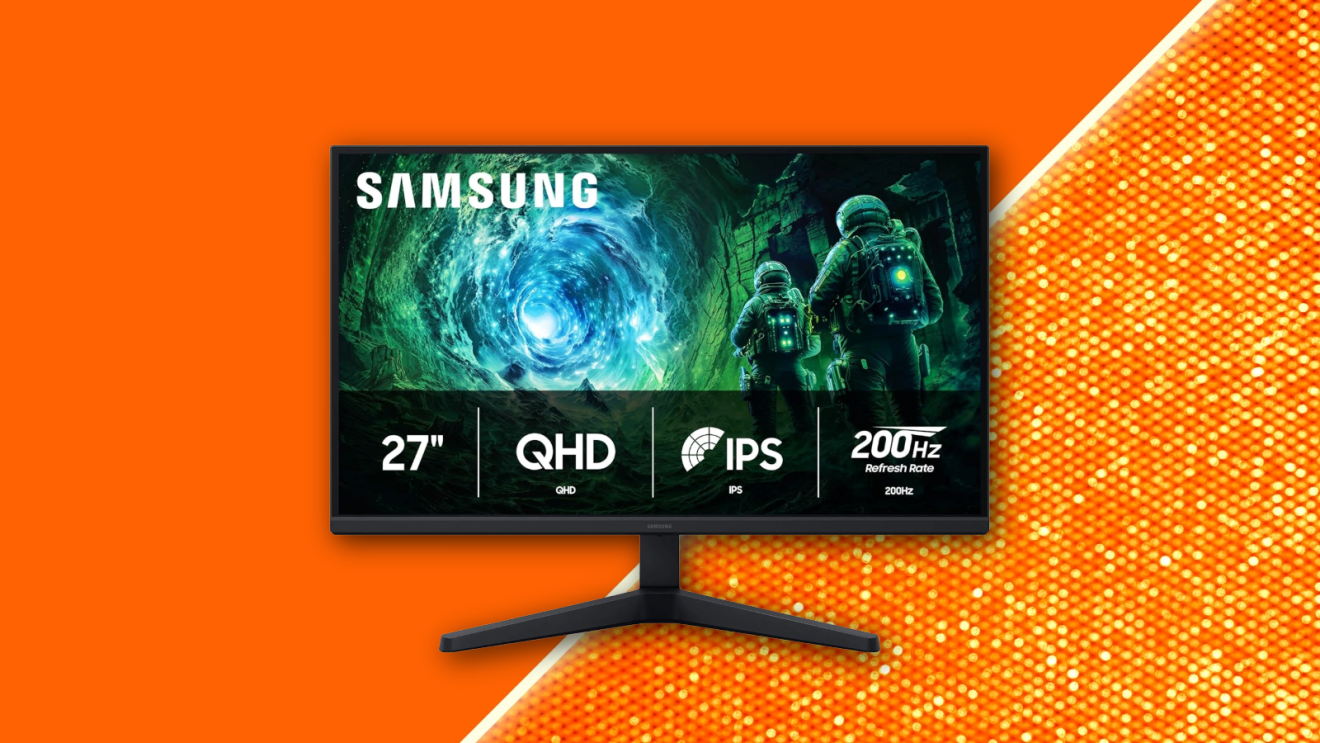 Samsung TV floating against a vibrant orange background.