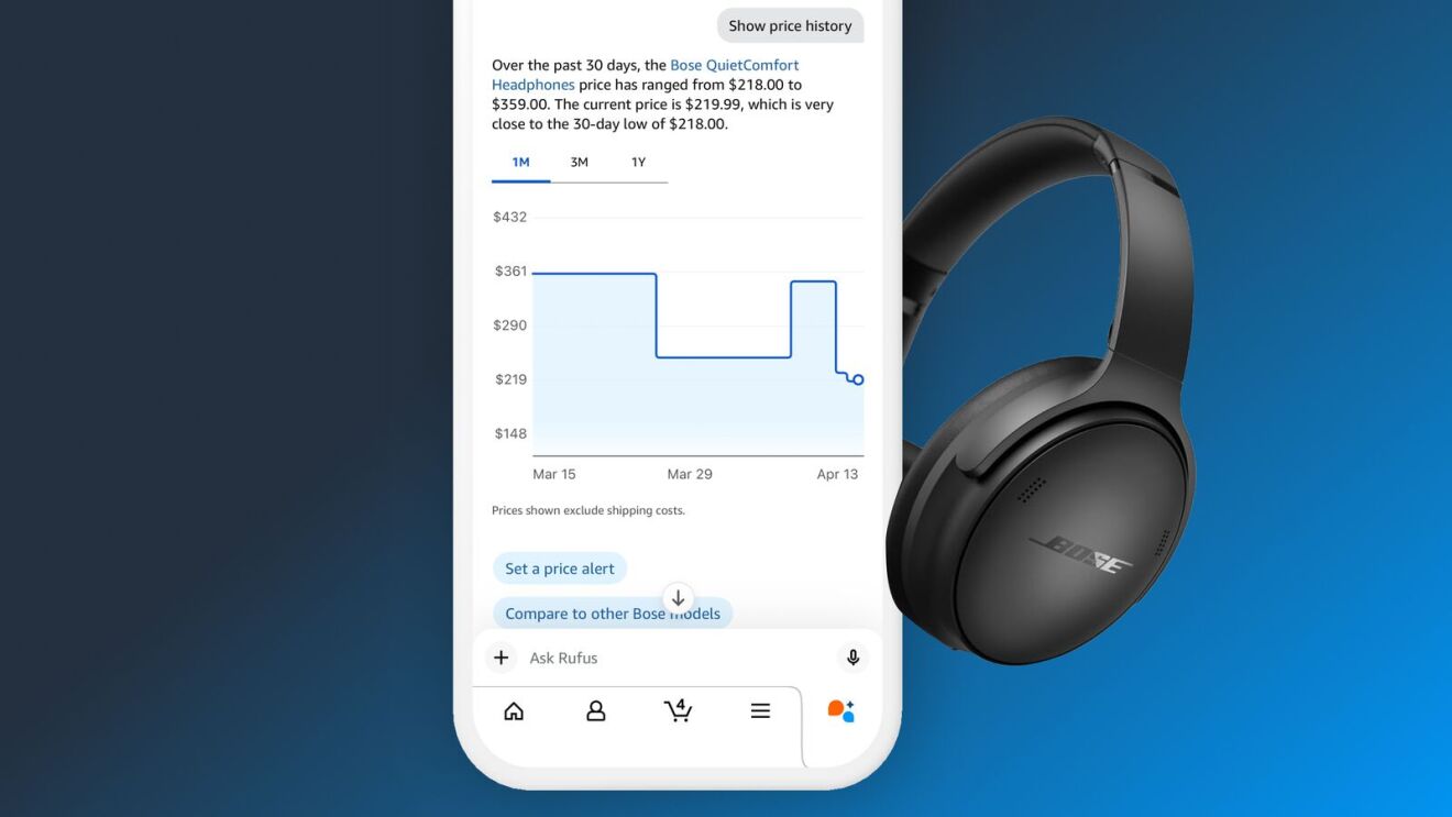Amazon shopping interface showing Bose QuietComfort Headphones price fluctuation between $218 and $359