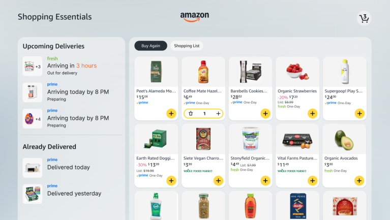 Amazon shopping essentials page showing upcoming deliveries and product recommendations