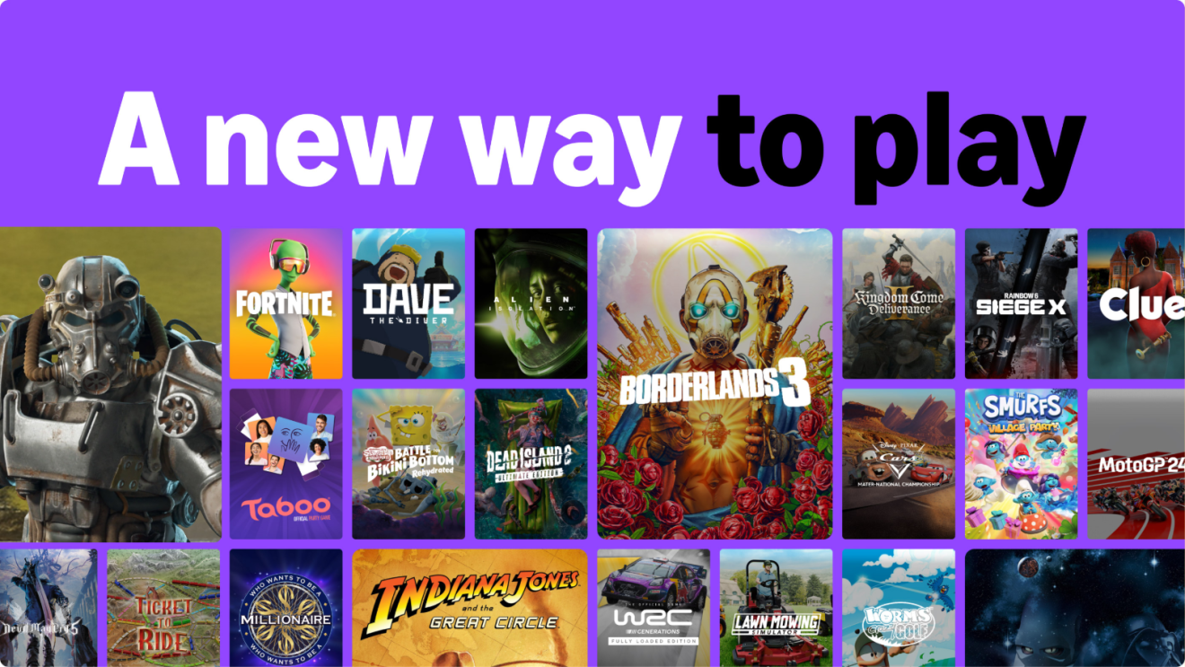A list of title screens against a purple background one can play on Amazon Luna, including: Fallout 4, Fortnite, and Indiana Jones and the Great Circle.