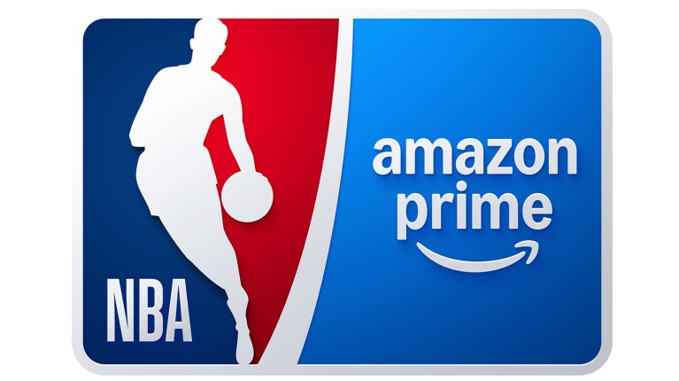 紺色と赤の間にバスケットボール選手の白いシルエットとNBAの文字。その横にAmazon Primeのロゴ