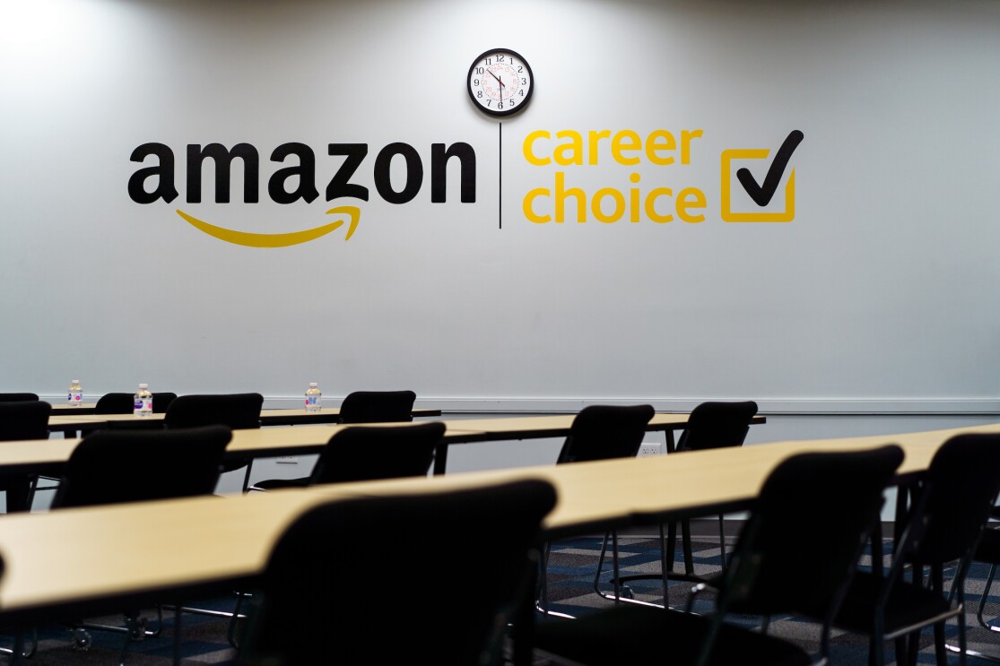 A picture of the a career choice sign on the wall of an Amazon fulfillment center career choice classroom