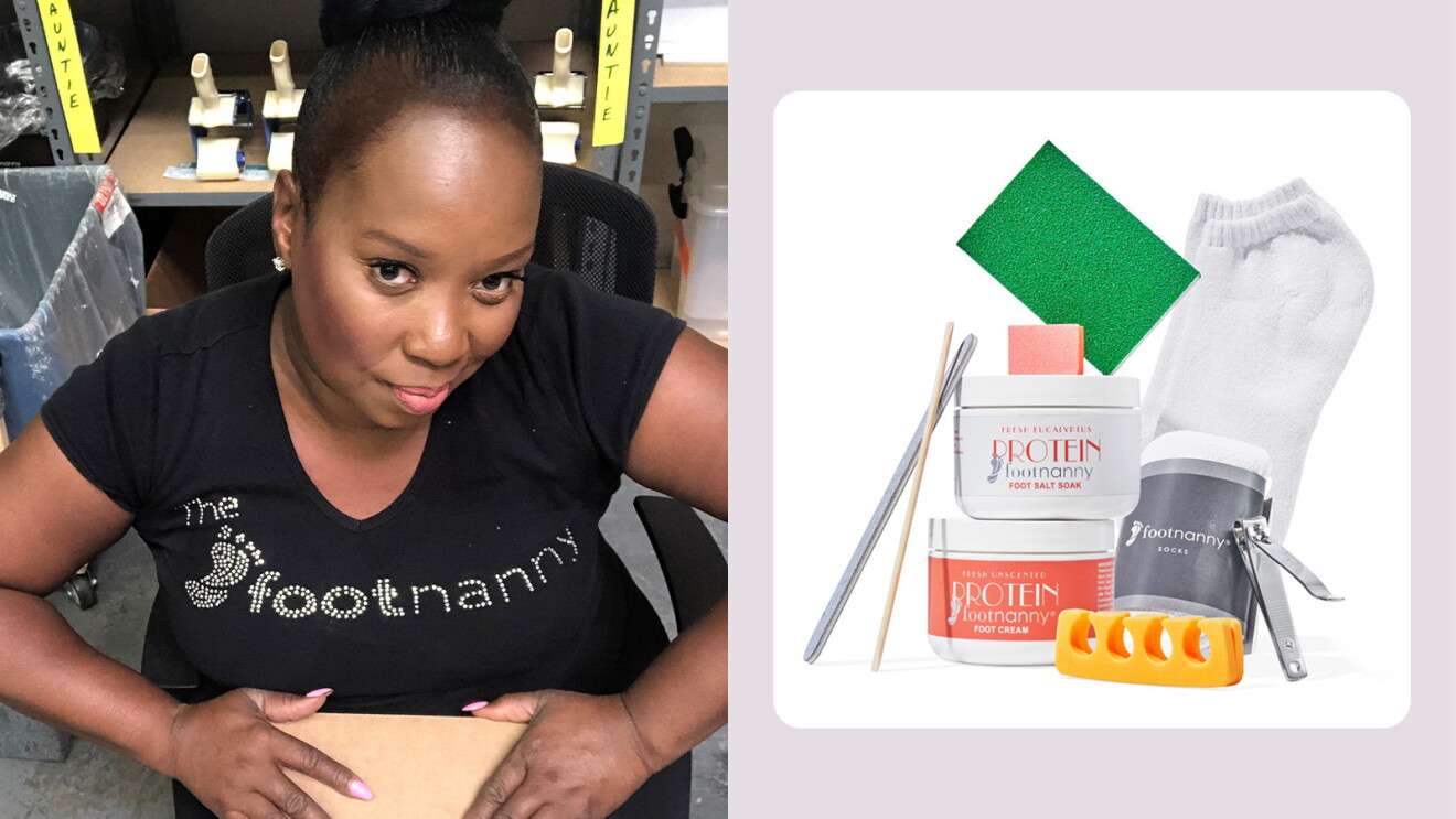 A photo of Founder and CEO Gloria Williams of Footnanny, and a Footnanny At Home Pedicure Kit.
