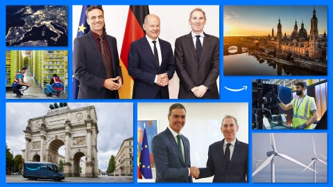 Collage de fotos sobre las inversiones de Amazon en Europa.
