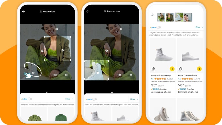 Screenshots eines Handys, um die Funktion Amazon Lens zu nutzen.