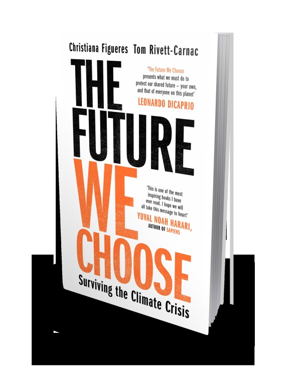 Portada del libro The Future We Choose, la primera parte está en color negro y la segunda en color naranja.