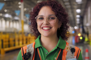 Smiling Amazon employee with curly hair and glasses wearing a safety vest