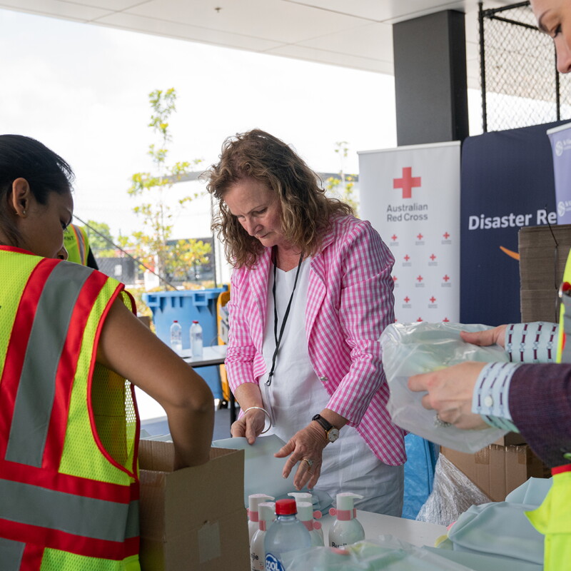 Volunteers packing at BNE1 Disaster Relief Hub 