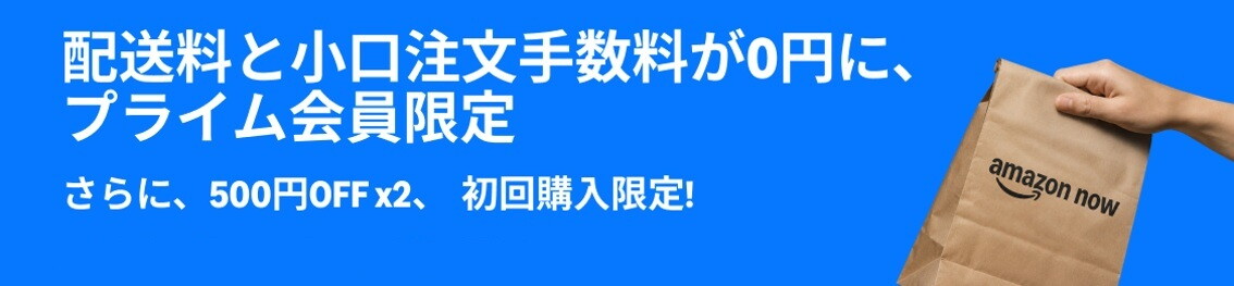 右側に、Amazon nowのロゴ入り紙袋を持った人の手。左側に「配送料と小口注文手数料が0円に」の文字
