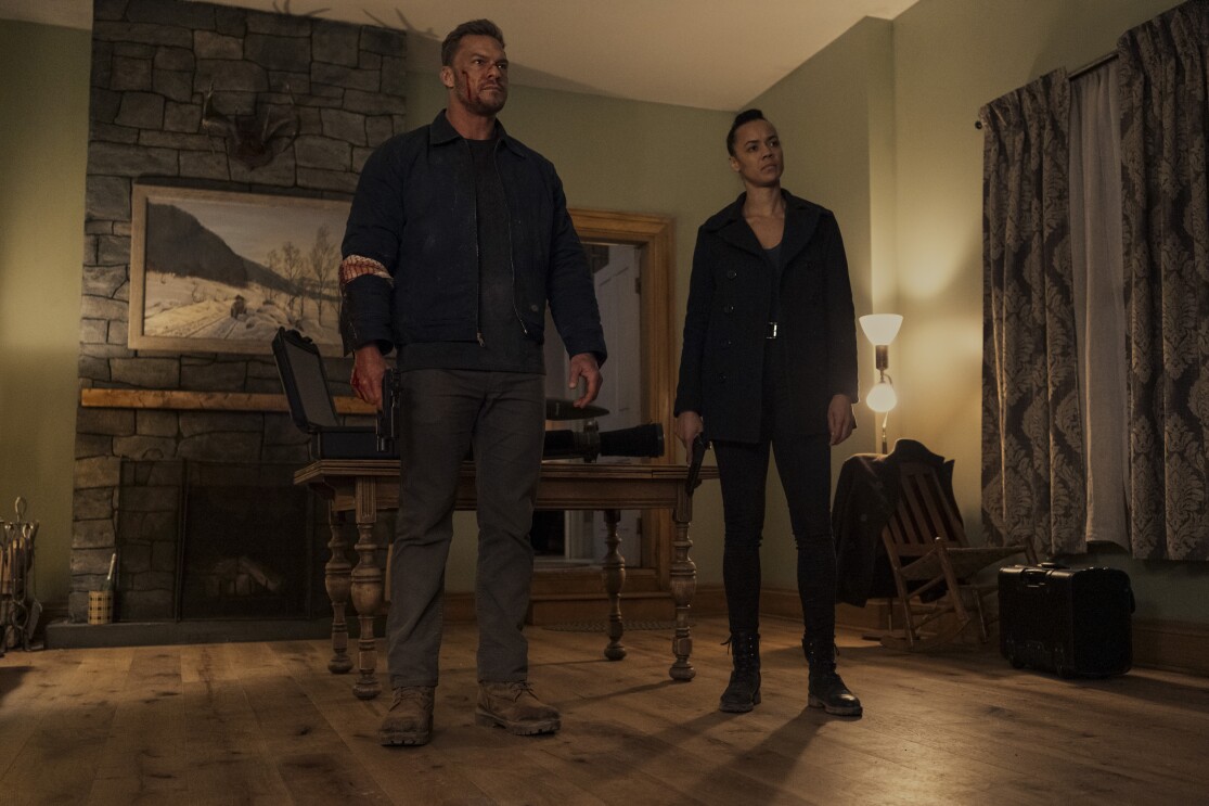 Alan Ritchson (Jack Reacher) and Maria Sten (Frances Neagley) in a scene from the third season of "Reacher."