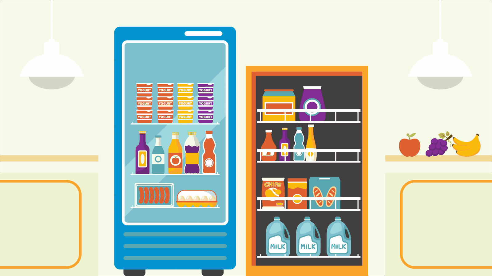 An animated gif of yogurt and other food items in a grocery store