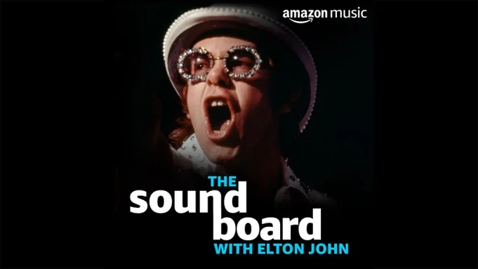 An image of Elton John singing. Text on the image says "The Soundboard with Elton John" and the Amazon Music logo is in the top right corner.