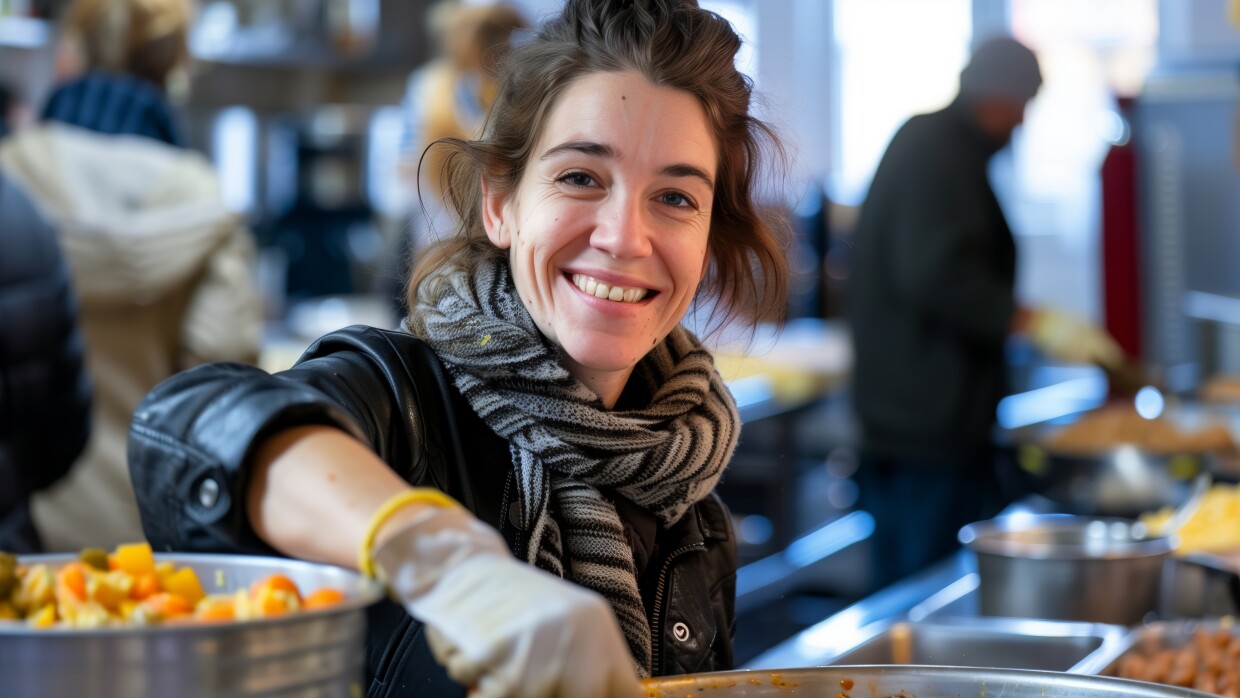 Young person serving hot food for homeless in community charity donation center. Volunteer at a soup kitchen, serving food with a warm and compassionate smile. Generative AI.