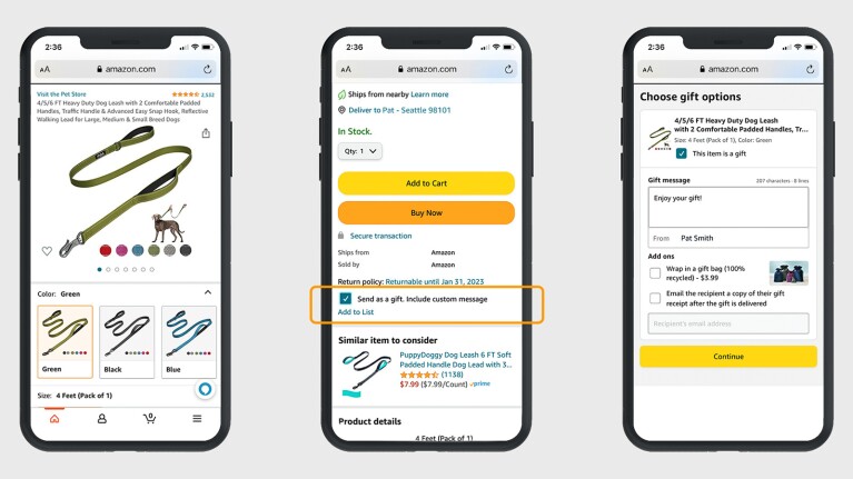 An image of three phones showing screenshots of the process of adding a gift message to your purchase
