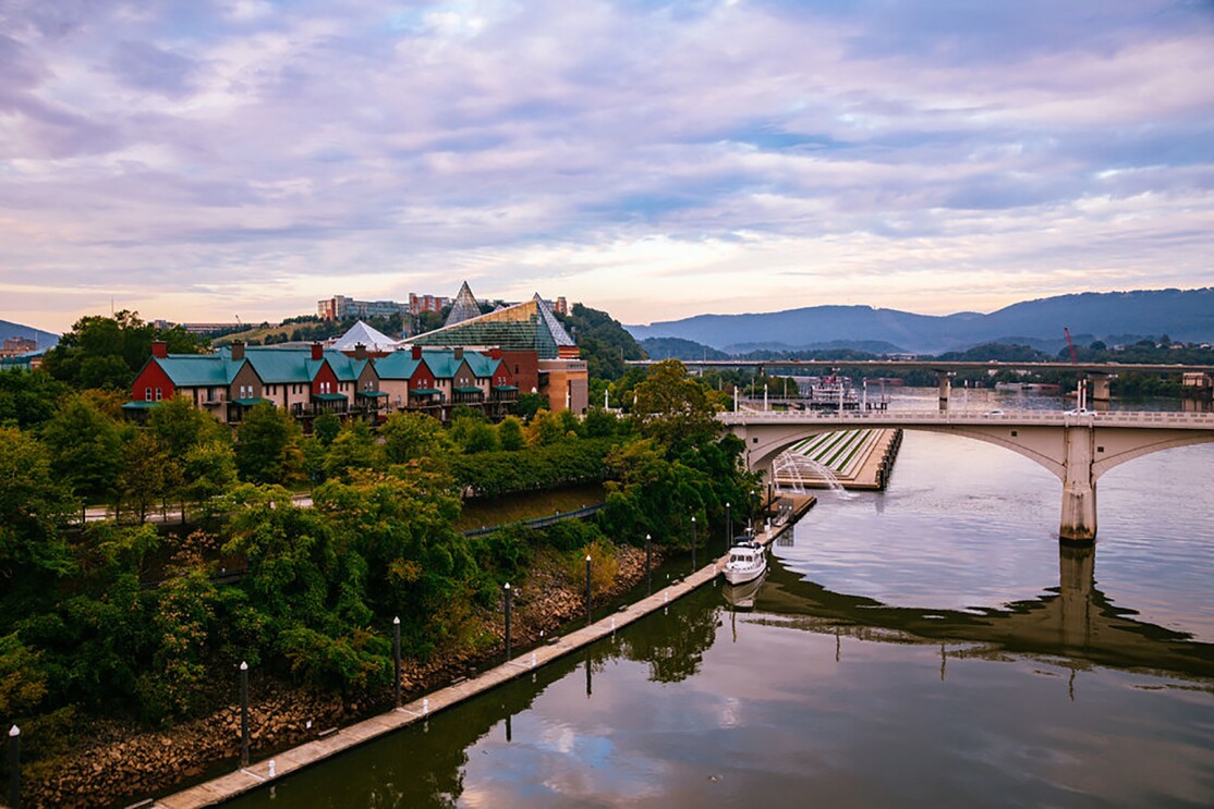 A view of the Tennessee River, as it runs under a bridge, alongside Chattanooga. 