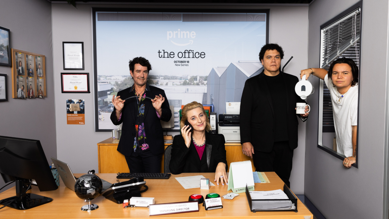 The Office cast Felicity Ward, Steen Raskopoulos, Josh Thomson, Jonny Brugh, and Zoe Terakes, enjoyed a watercooler chat over a tiramisu in the Flinley Caddick kitchen