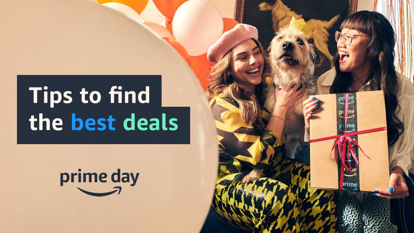 两个微笑的女人的形象。其中一个抱着一只狗。图片一侧的文字写着“最佳交易的内幕提示”,Prime Day的标志如下所示。