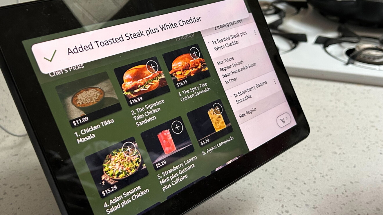 An image of an Echo Show device Showing the Panera ordering skill with Alexa. 