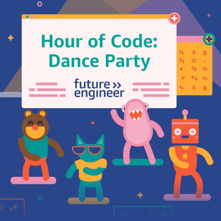 Hour of Code banner with dancing characters with test reading "Hour or Code is here, have a go at coding your own dance party"
