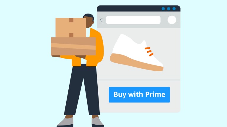 Prime Day 2023 live blog best deals: graphic image of a man holding boxes after using Buy with Prime.