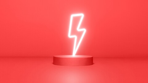 Neon lightning bolt on red circular platform against red background