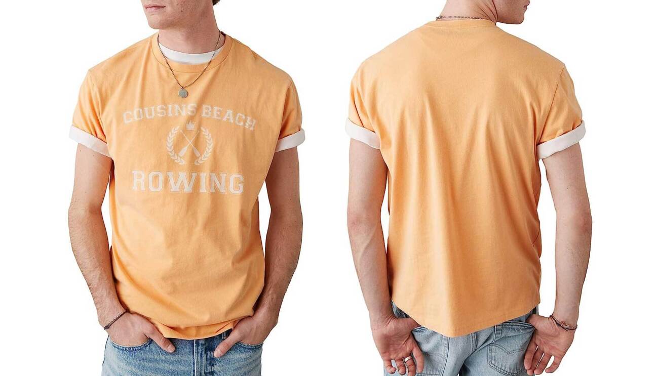 Image of "Cousins Beach Rowing" orange graphic t-shirt.