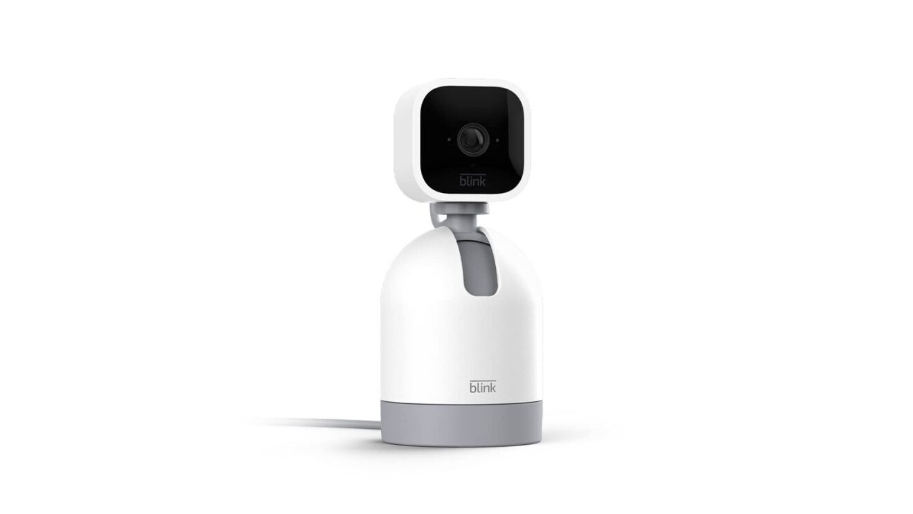 Blink smart security camera on adjustable white stand