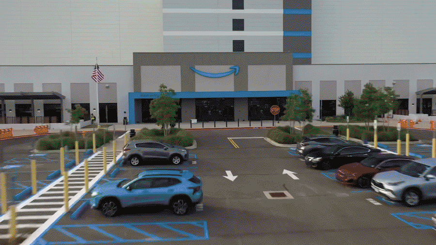 A GIF of the interior and exterior of an Amazon fulfillment center in Shreveport, Louisiana.
