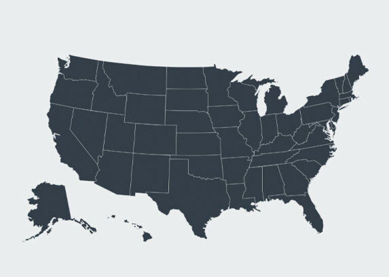 A gray map of the United States of America.