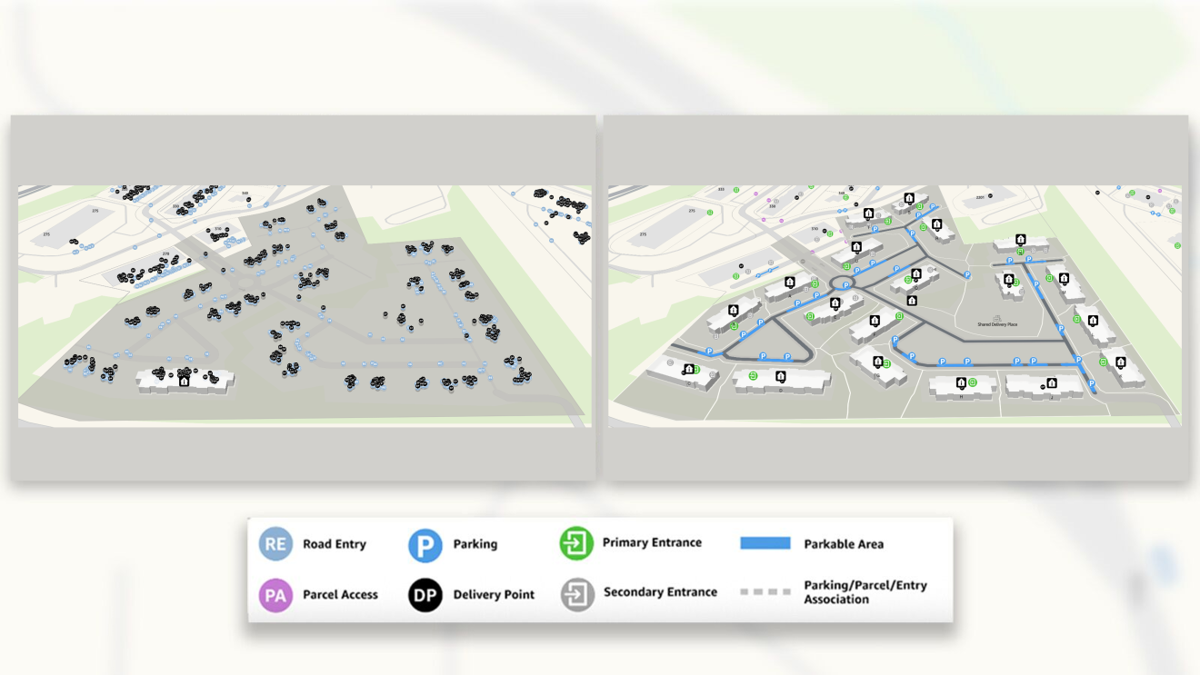 Map on the left displays all delivery location geocodes where Amazon delivery drivers were asked to drop off packages. Map on the right displays where to drop off Amazon delivery packages by mail room entrance.