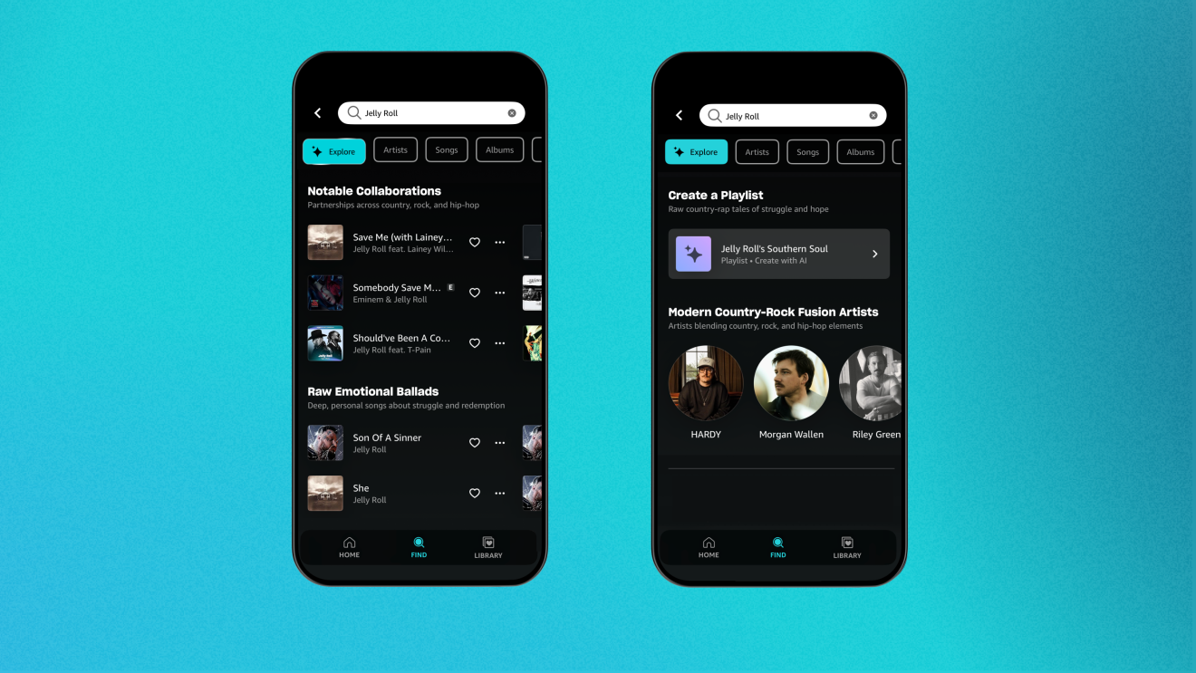 Amazon Music AI-powered search: app interface showing playlists and artist recommendations