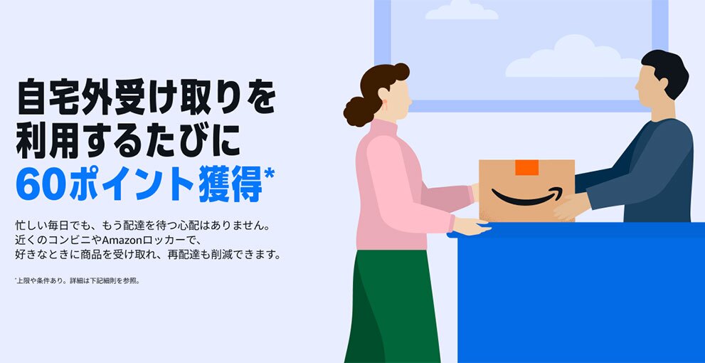 店舗カウンターで、客が店員から荷物を受け取っているイラスト。荷物の箱はAmazonのスマイルロゴ入り。左側に「自宅受け取りを利用するたびに60ポイント獲得」の文字。