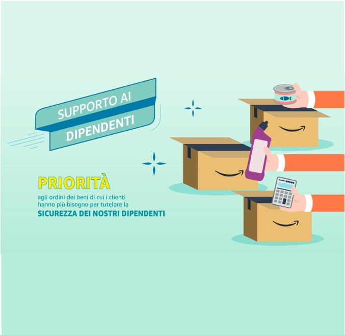 Sulla sinistra illustrazione di 3 scatole Amazon aperte. Tre braccia inseriscono in ogni scatola un prodotto: una calcolatrice, un detergente per la casa, un alimento. Sulla destra una scritta recita 'Priorità agli ordini dei beni di cui i clienti hanno più bisogno per tutelare la salute dei nostri dipendenti'. 