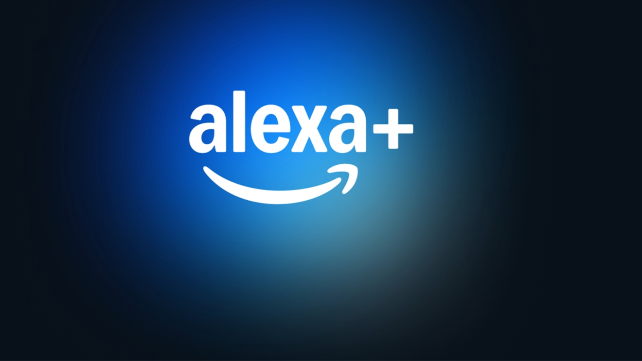 Glowing Alexa+ logo with Amazon smile on blue background