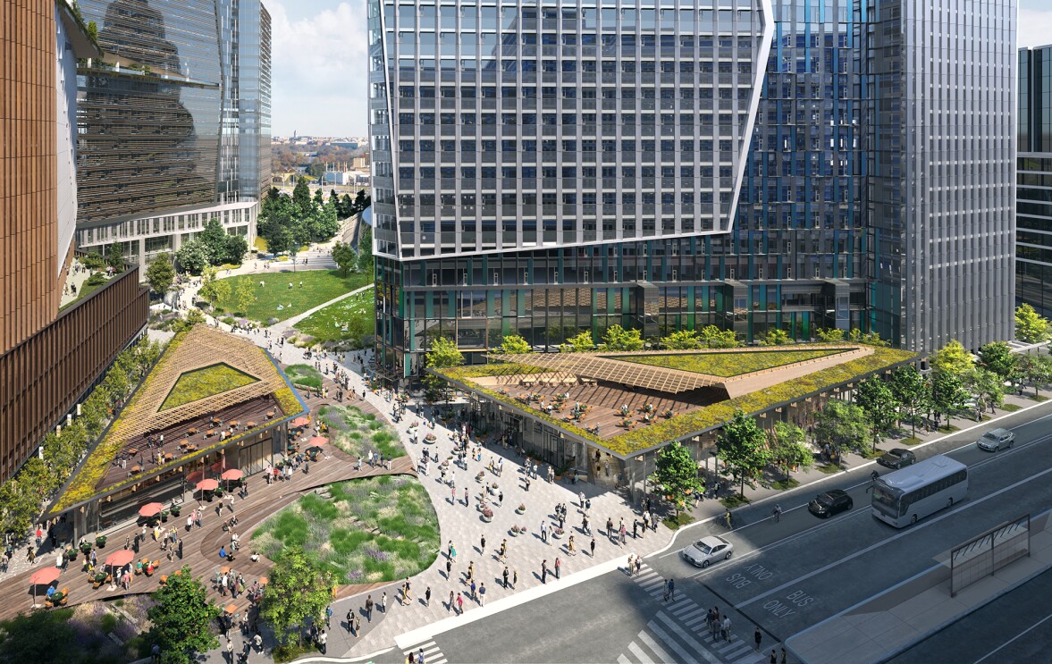 An aerial rendering of Amazon's PenPlace campus in Arlington, Virginia