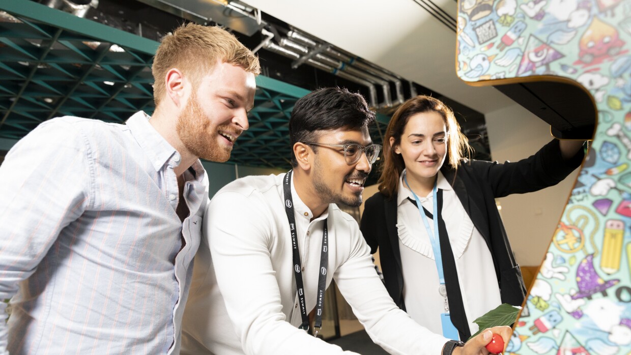 Students playing a game at Amazon office