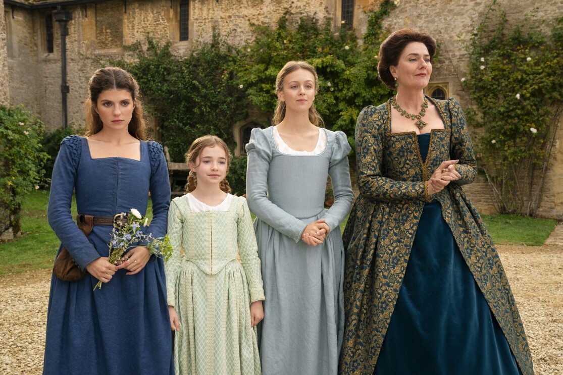 Emily Bader as Lady Jane Grey, Robyn Betteridge as Margaret Grey, Isabella Brownson as Katherine Grey and Anna Chancellor as Frances Grey in 'My Lady Jane' on Prime Video