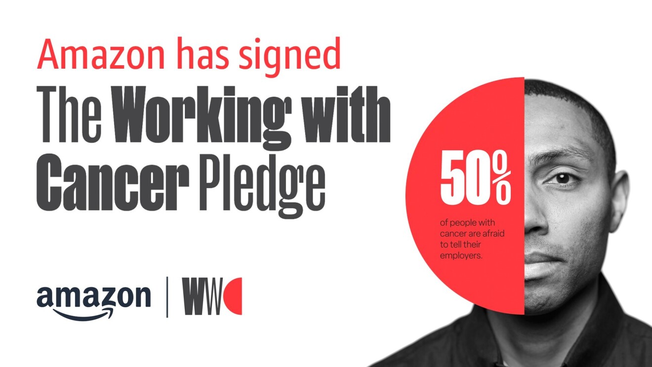 Graphic image stating "Amazon has signed the Working with Cancer pledge." A statistic is also shown saying "50% of people with cancer are afraid to tell their employers," overlaying a headshot of Craig Edwards.