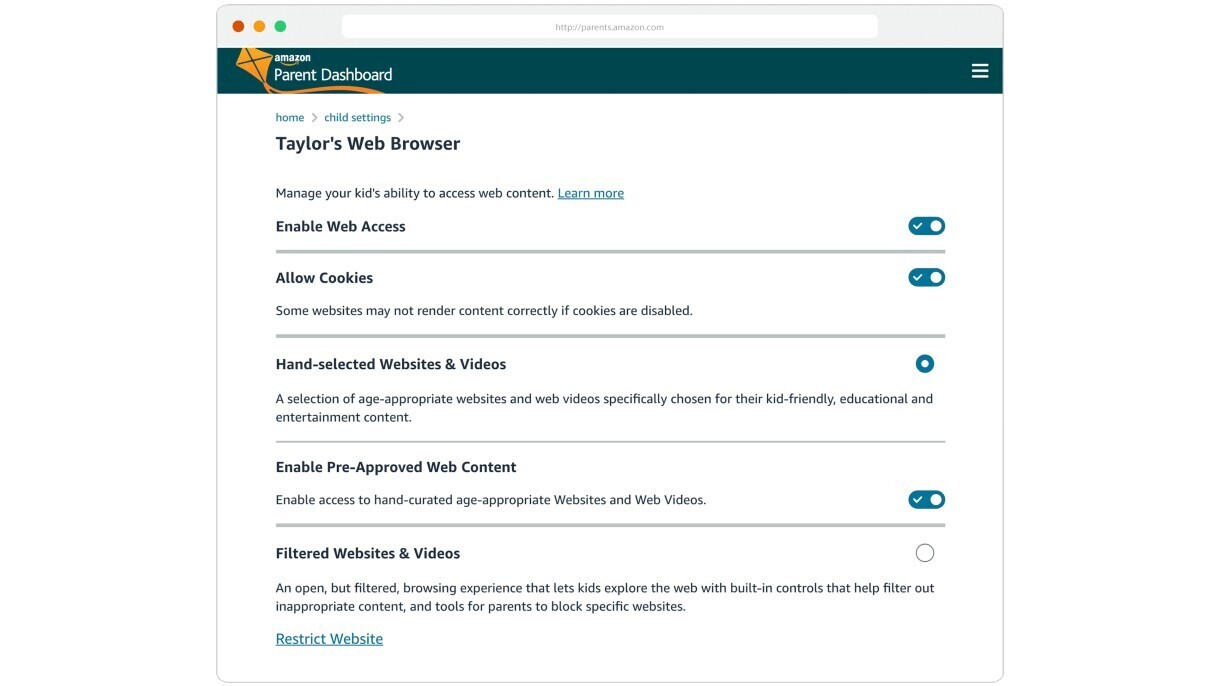 A screenshot of the Parent's Dashboard with various web browser setting control for children's devices.