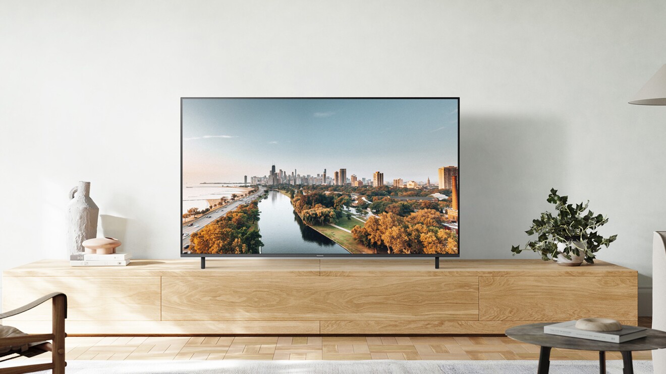 Panasonic TV on a TV stand.