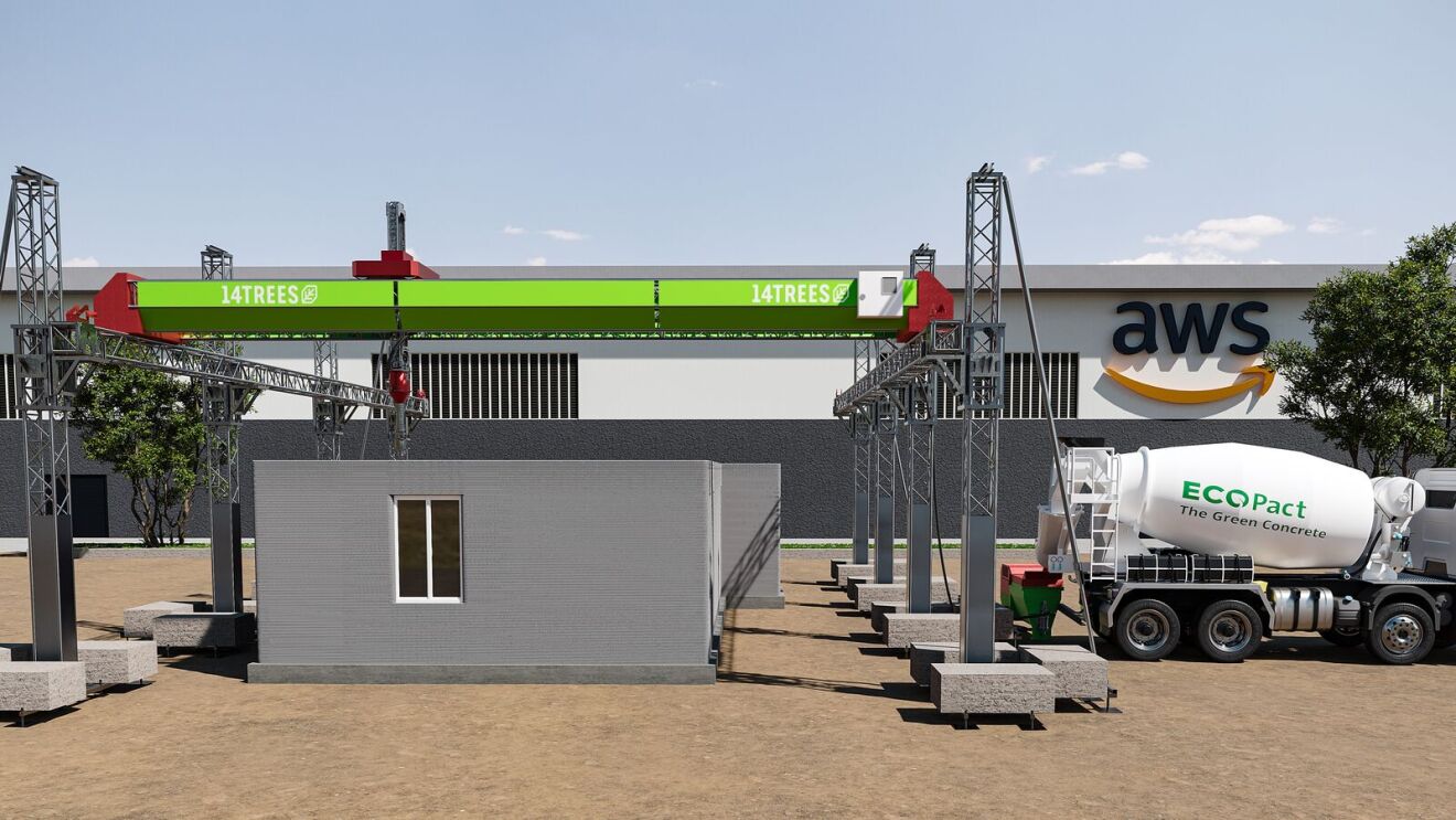 14Trees 3D printing construction site with AWS logo and eco-friendly equipment