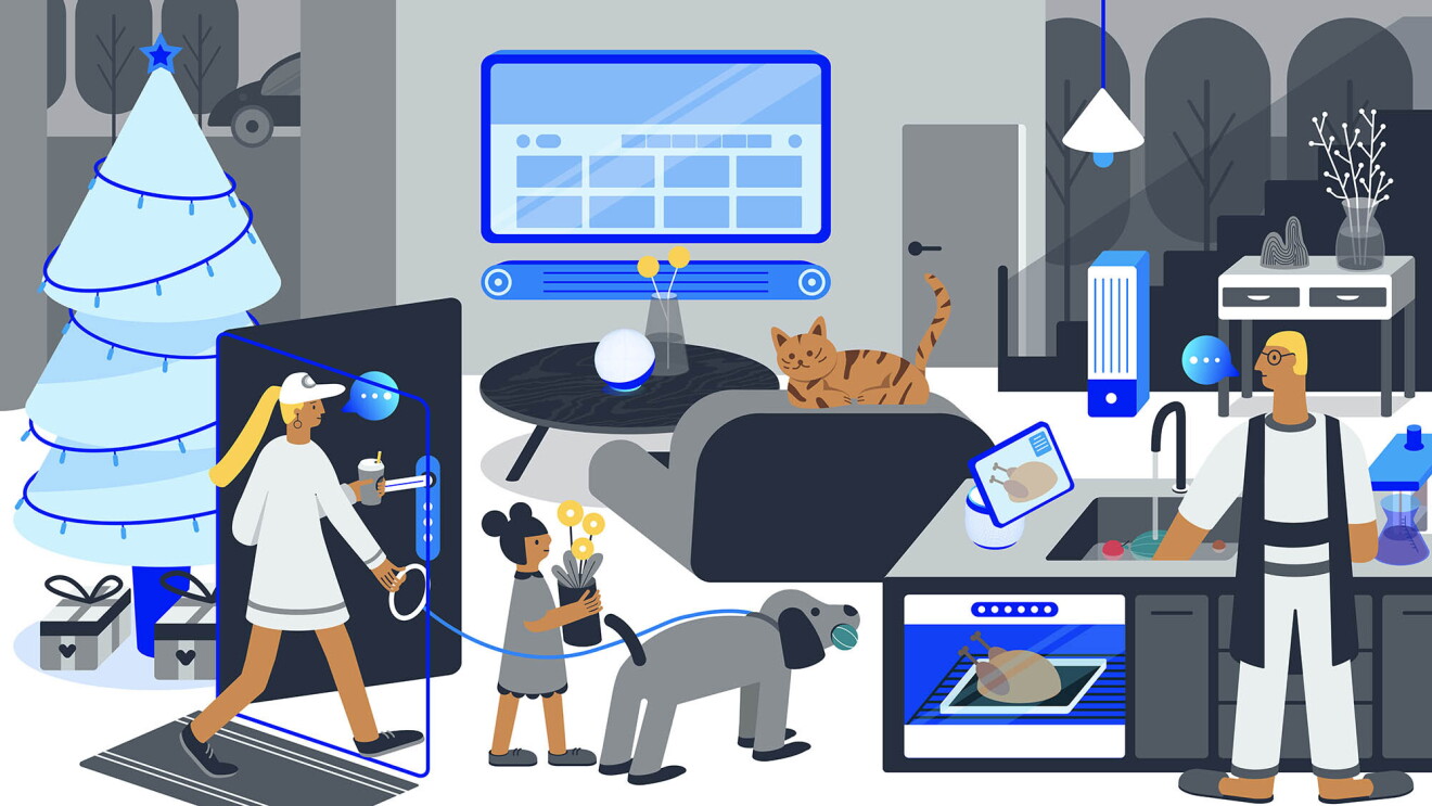 An illustration of smart home devices and people using them. 