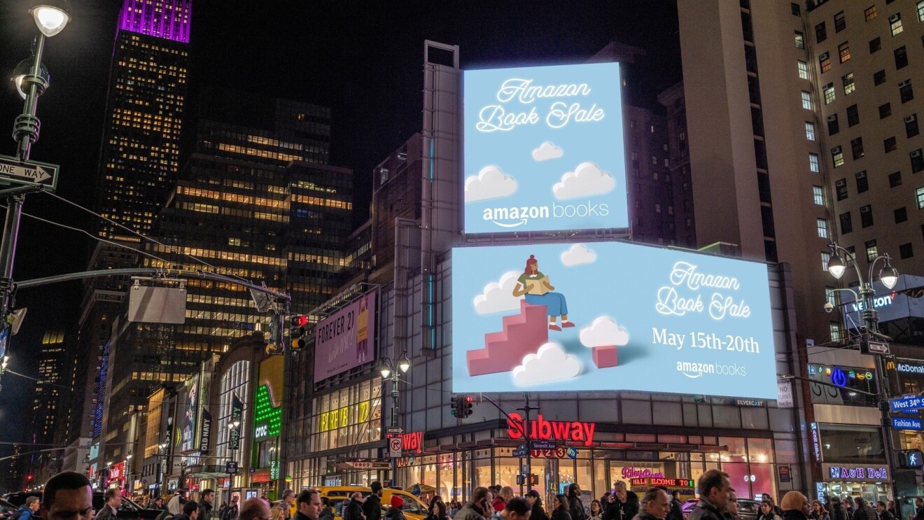 An image of the Amazon Book Sale billboard in Times Square in New York City.