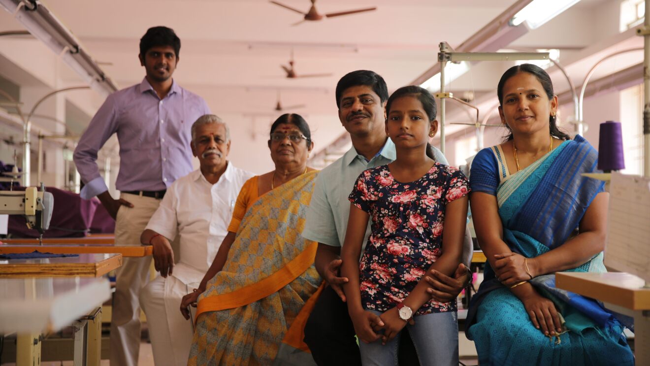 Sivaraj of the Espresso brand of knitwear at his workplace and with his family