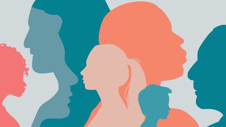 An illustrated image of different faces in blue and orange tones.