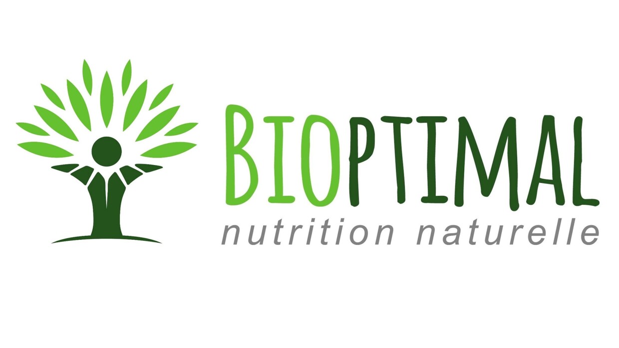 An illustrated logo that says "bioptimal, nutrition naturelle"