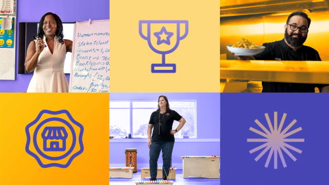 一个奖杯的图像,包括图标和一个小生意,和三个照片,学生从事科学项目之一,三个学生演奏乐器之一,厨师烹饪的照片。