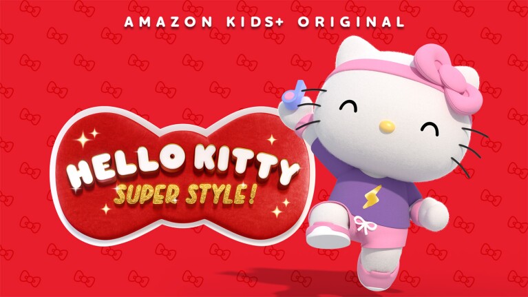 A cover image of Hello Kitty: Super Style! with a red background with small bows and text at the top that reads "Amazon Kids+ original."