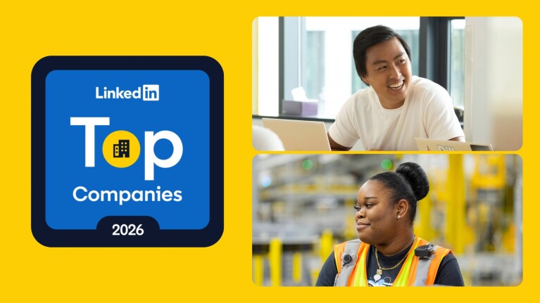 LinkedIn Top Companies 2026 badge alongside professionals: man at laptop and woman in warehouse safety vest
