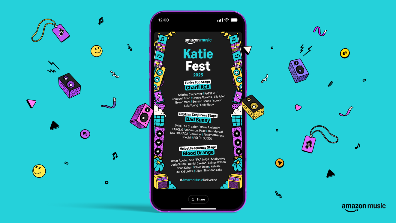 Amazon Music app displaying Katie Fest 2025 lineup on vibrant teal background